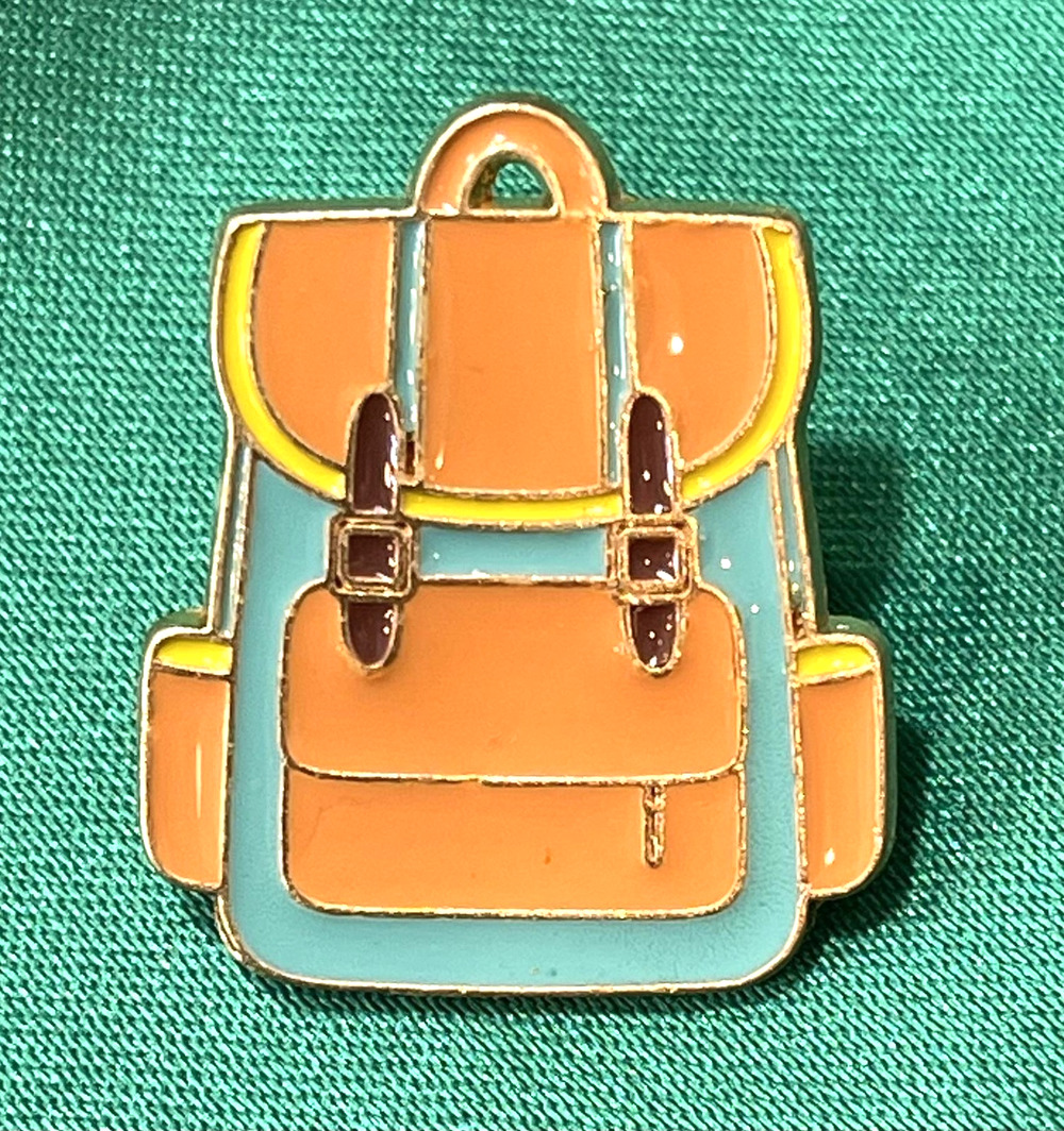 NWOT Orange Teal Backpack Brooch Lapel Pin Enamel Gold Toned Travel Luggage Bag